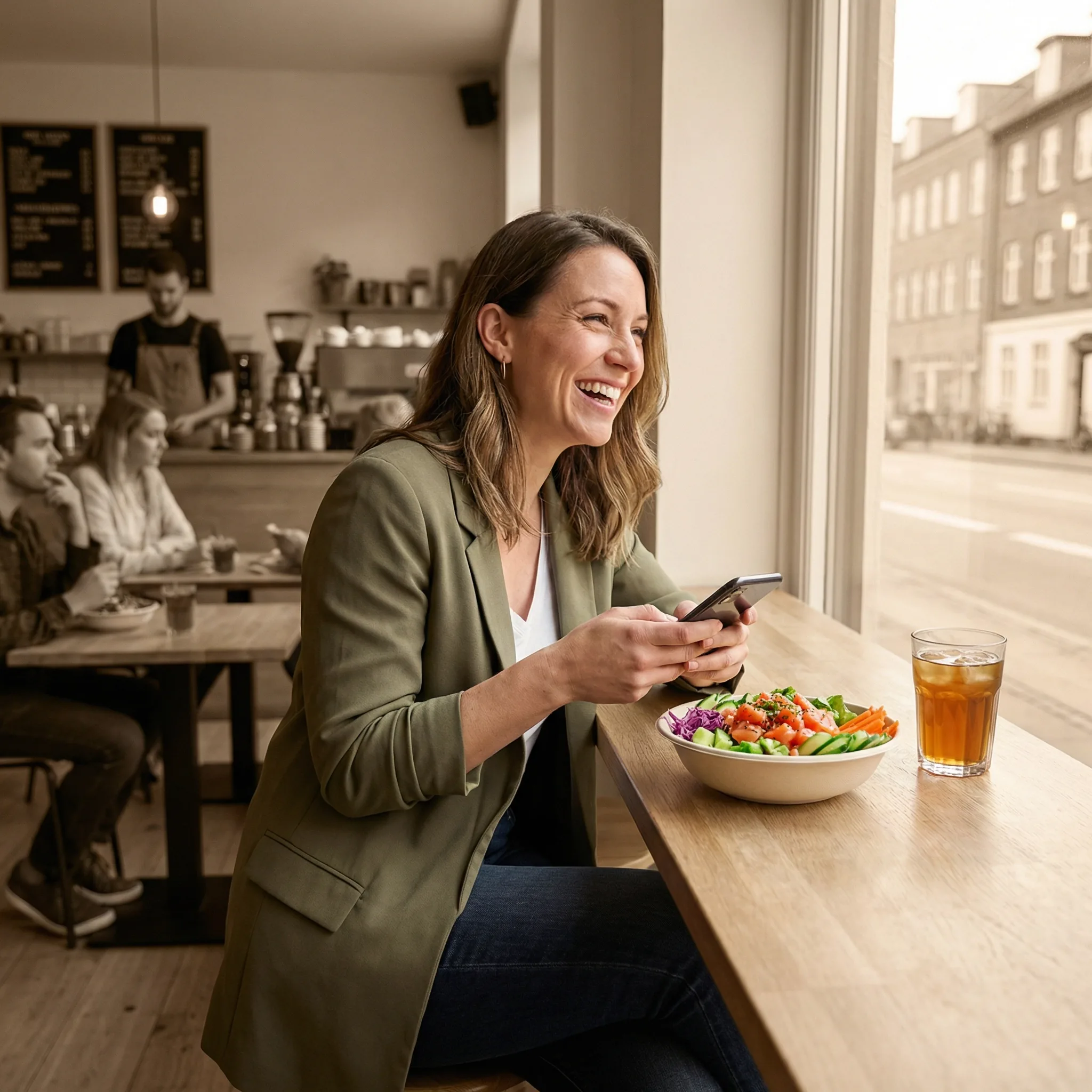 Frau am Tisch mit Mittagessen